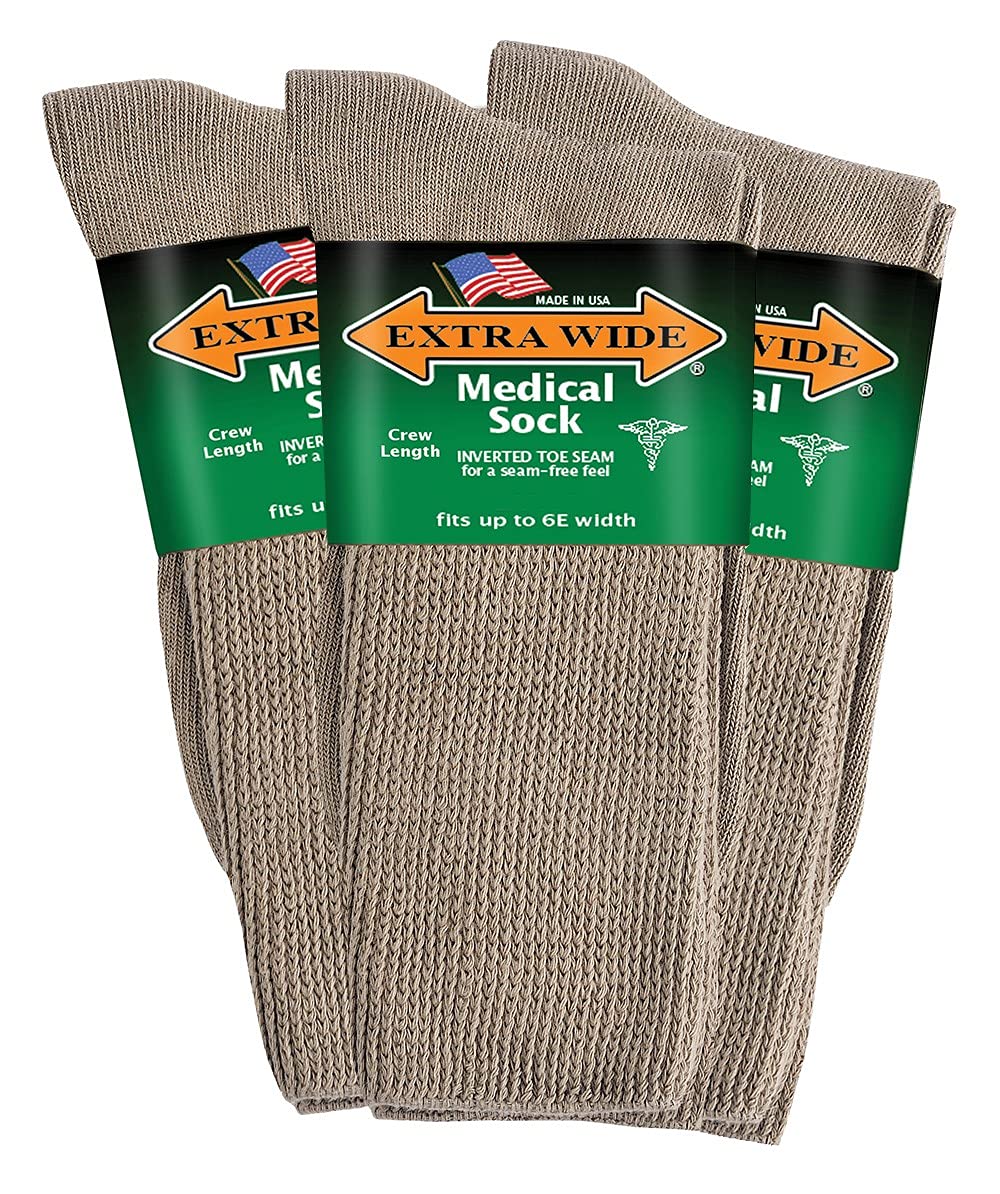 Extra Wide medical mid-calf crew socks in tan, front view, comfortable for wide feet.