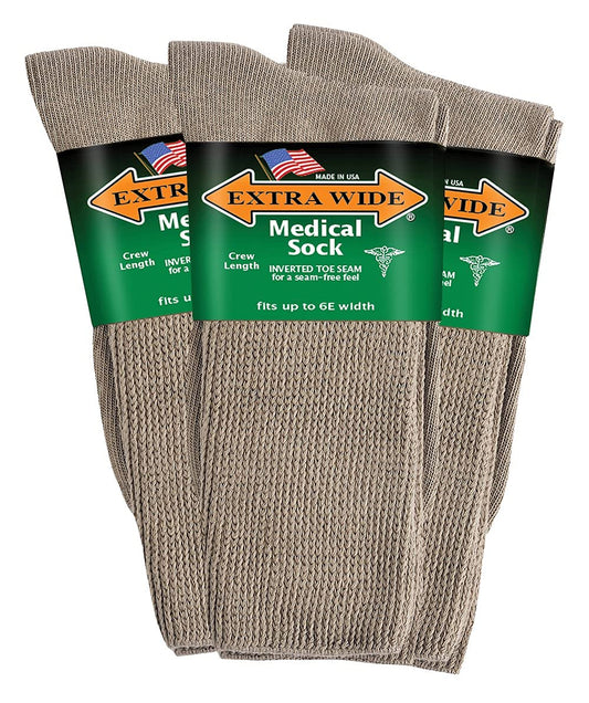Extra Wide medical mid-calf crew socks in tan, front view, comfortable for wide feet.