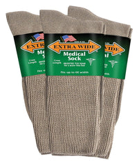 Extra Wide medical mid-calf crew socks in tan, front view, comfortable for wide feet.