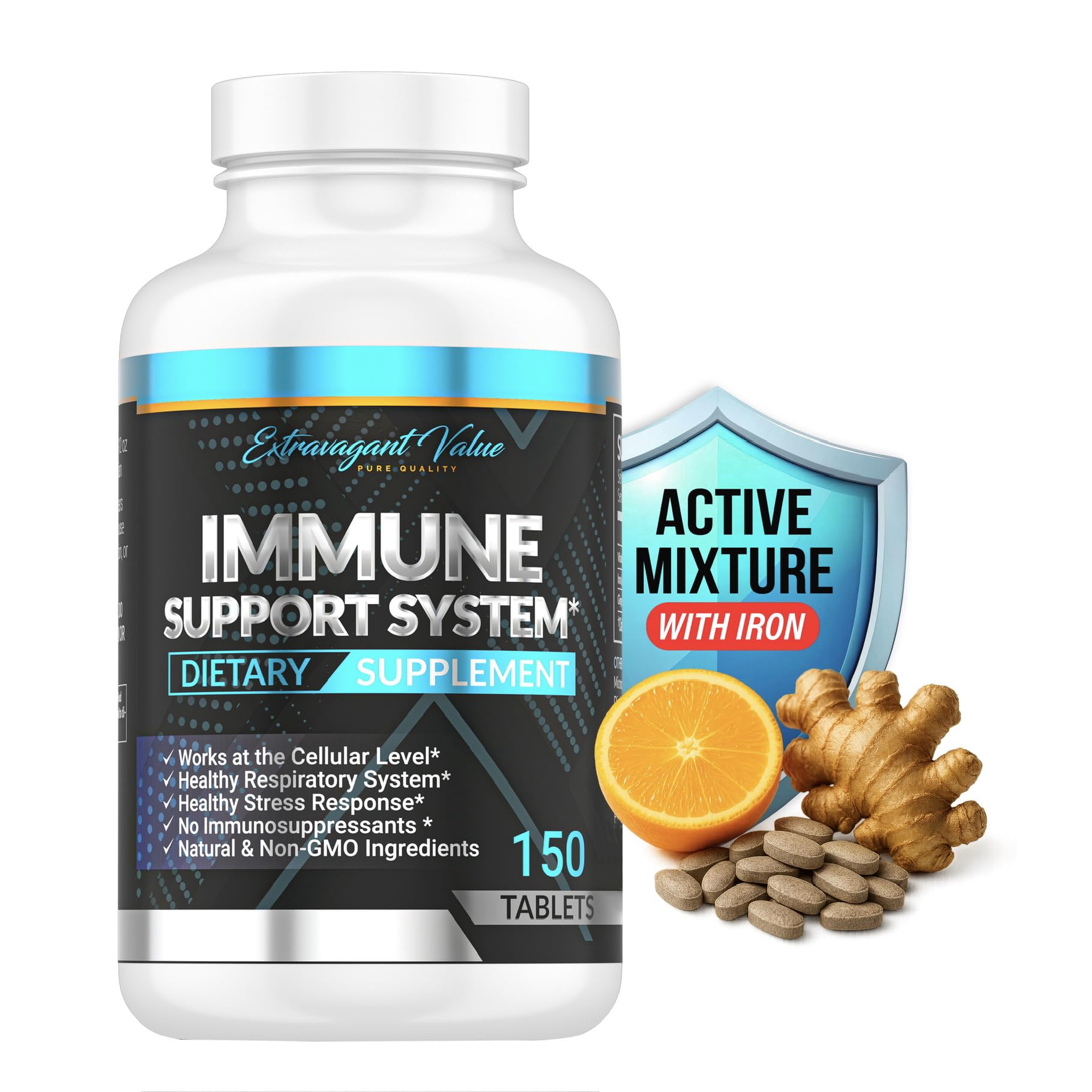 Extravagant Value iron supplement bottle front showing 25mg iron for daily support.