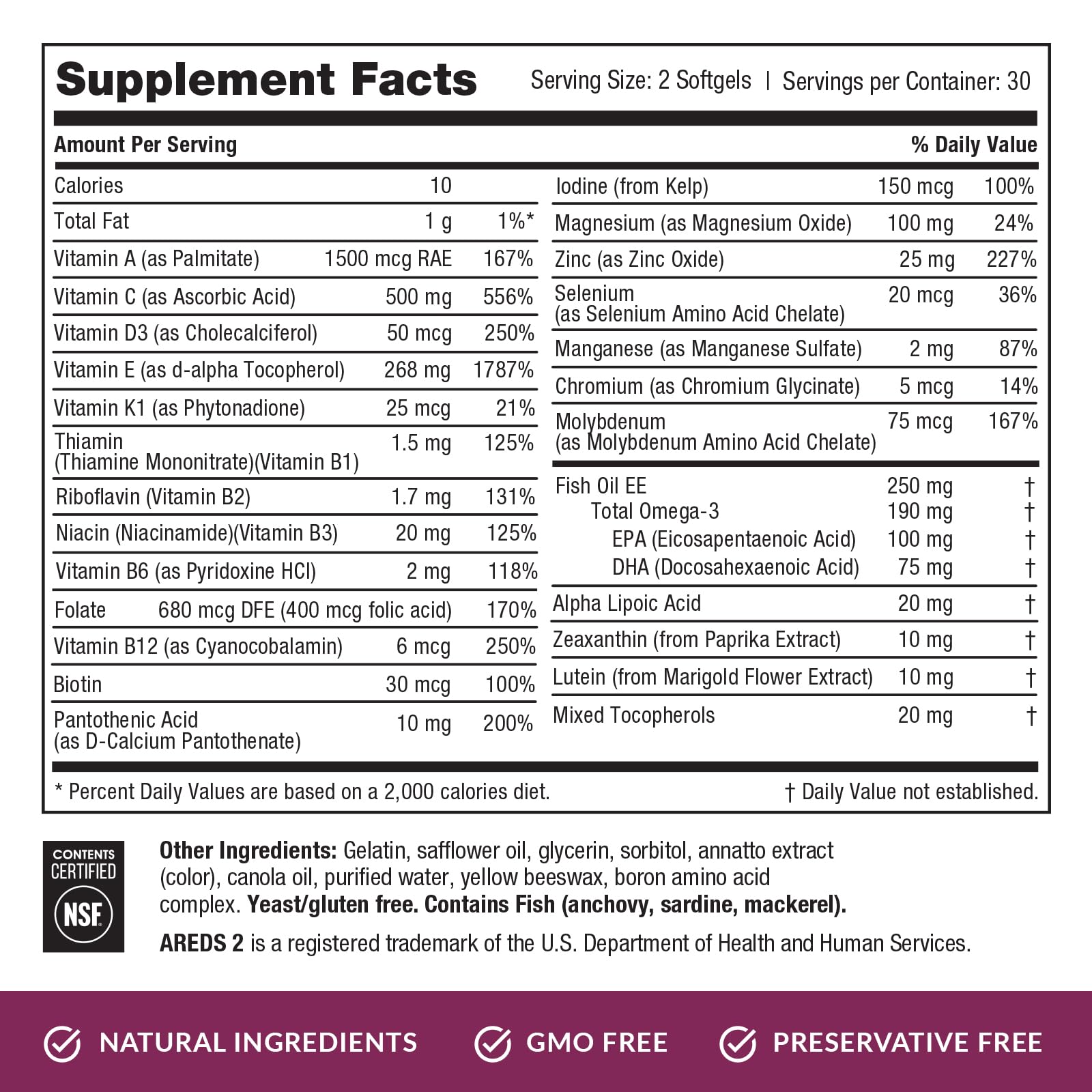 EyePromise Macular Health Complete two-softgel daily dose shown on plate