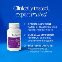 EyePromise Restore packaging displays NSF and GMP certification signaling quality
