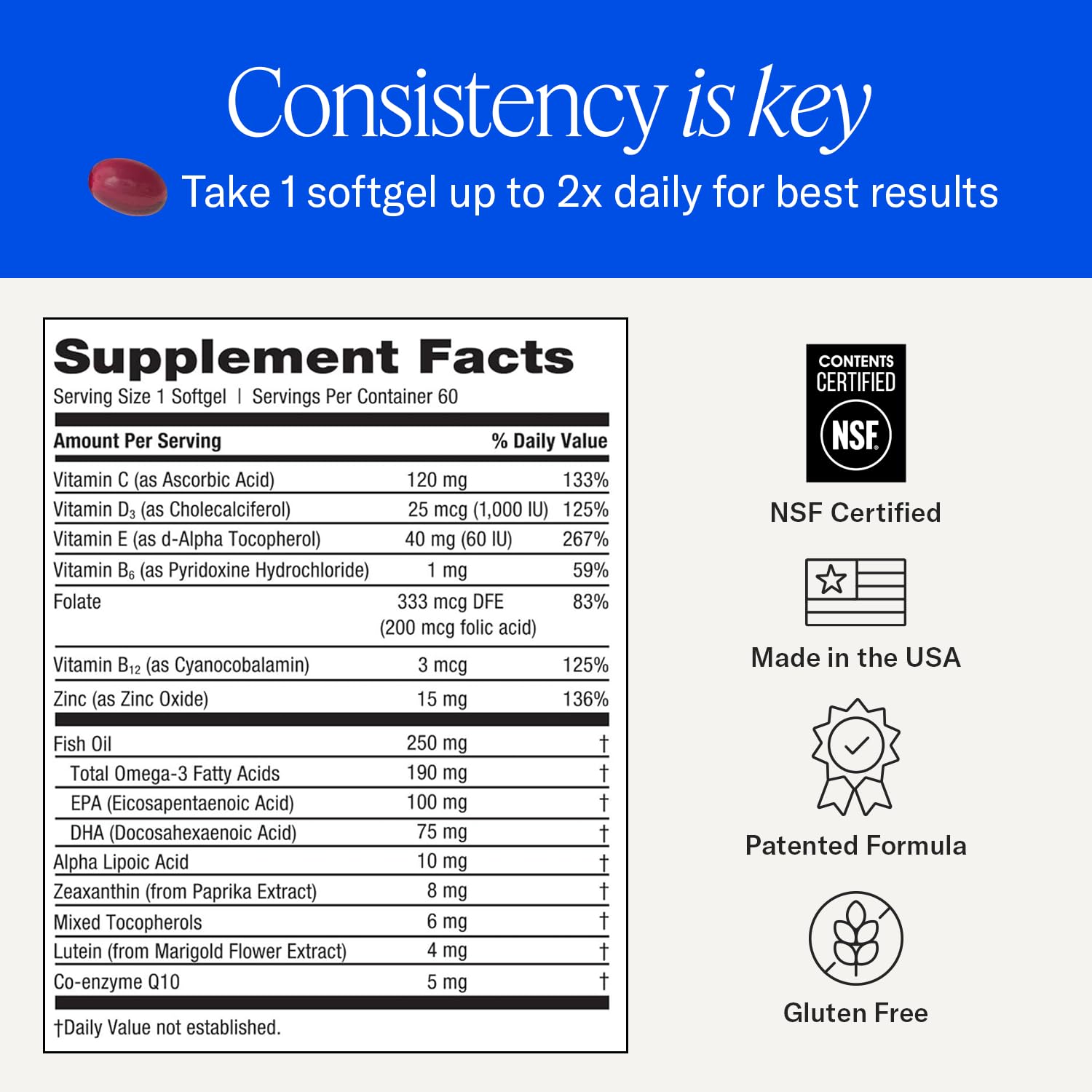 EyePromise Restore bottle highlights vitamins C, D3, E, zinc for comprehensive eye nutrition