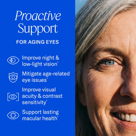 EyePromise Restore softgels close-up highlighting omega-3 and lutein-zeaxanthin ingredients for vision support