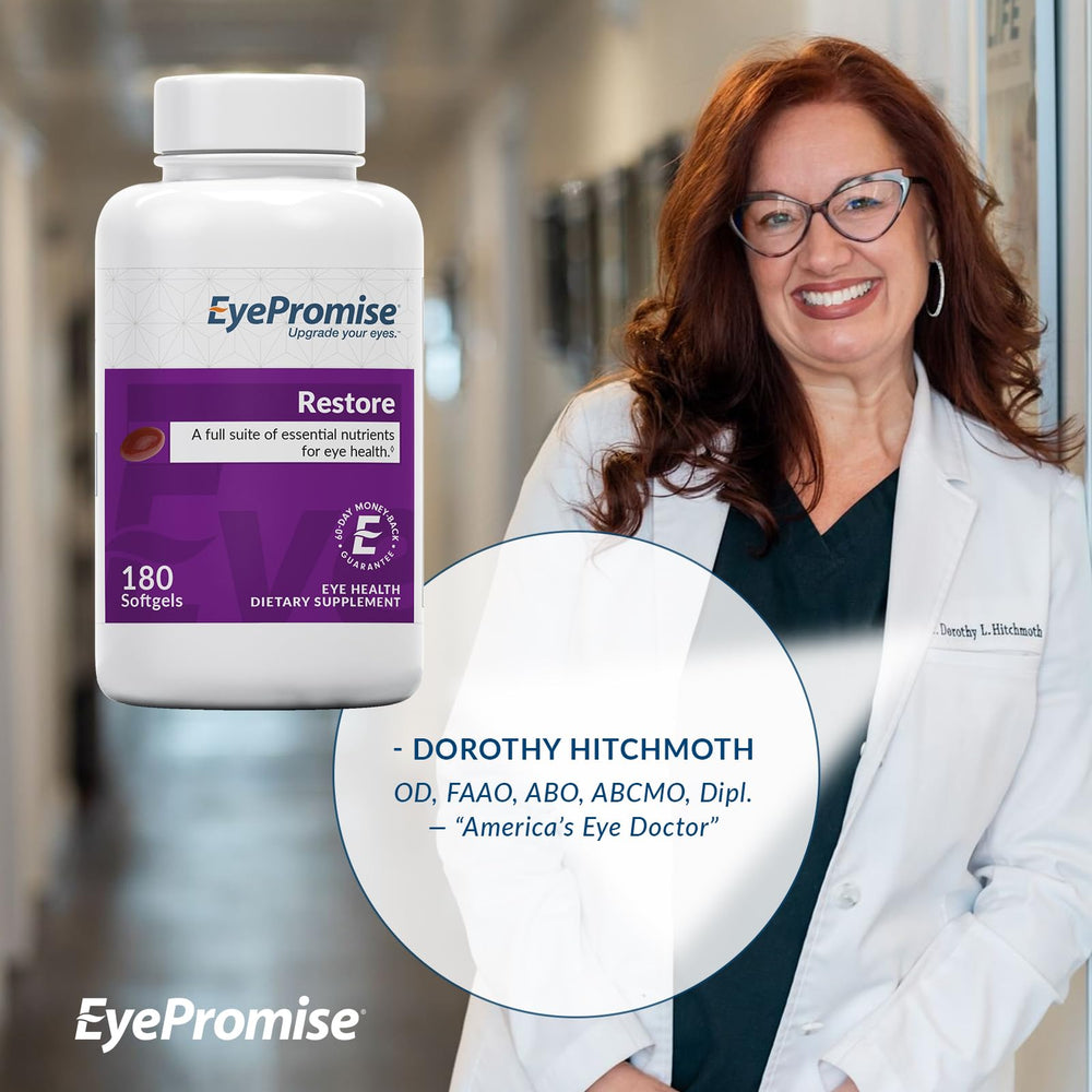 EyePromise Restore supplement facts panel shown for transparency and trust.