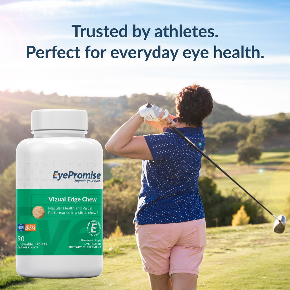 Close-up of EyePromise Vizual Edge chews highlighting citrus flavor and daily dose.