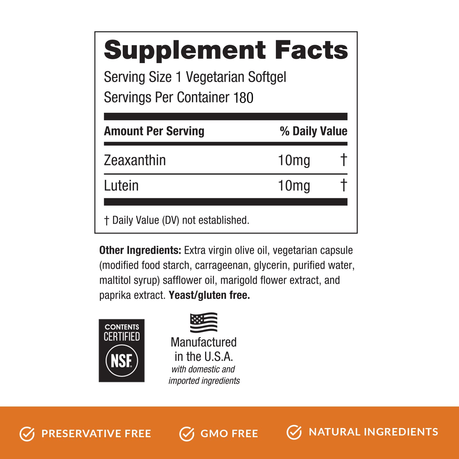EyePromise Zeaxanthin + Lutein nutrition label highlights vegetarian formula.