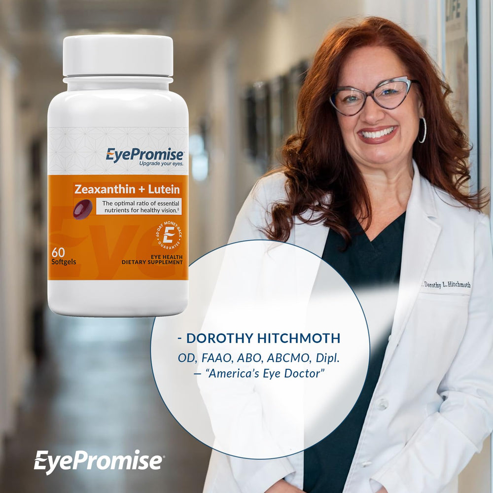 EyePromise Zeaxanthin + Lutein bottle with meal illustrates daily dosing.