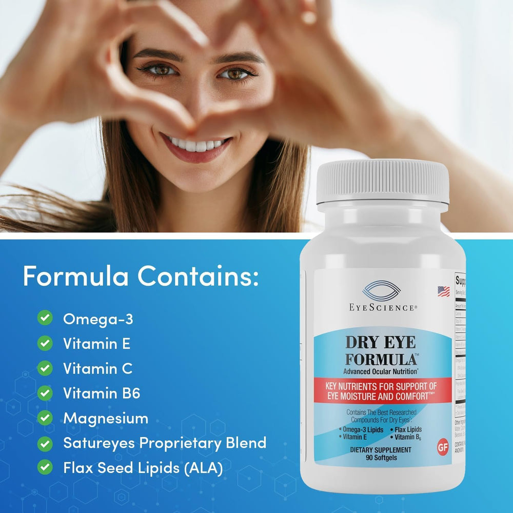EyeScience Dry Eye Formula boxed packaging with key details