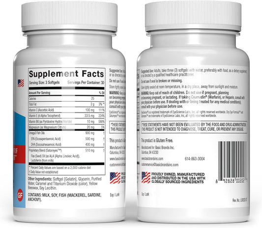 EyeScience Dry Eye Formula softgels close-up highlighting omega-3 capsules