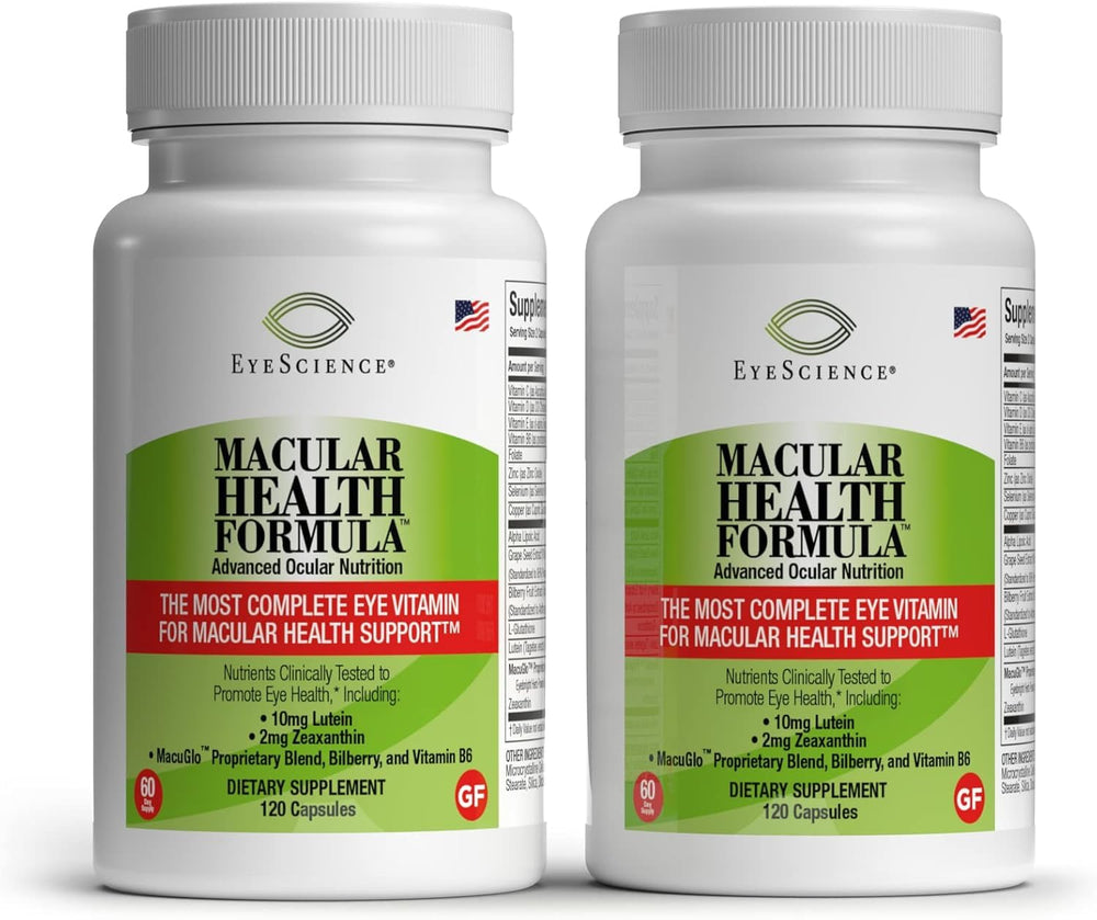 EyeScience Macular Health Formula bottle label highlights essential eye nutrients for daily support.