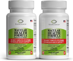 EyeScience Macular Health Formula bottle label highlights essential eye nutrients for daily support.