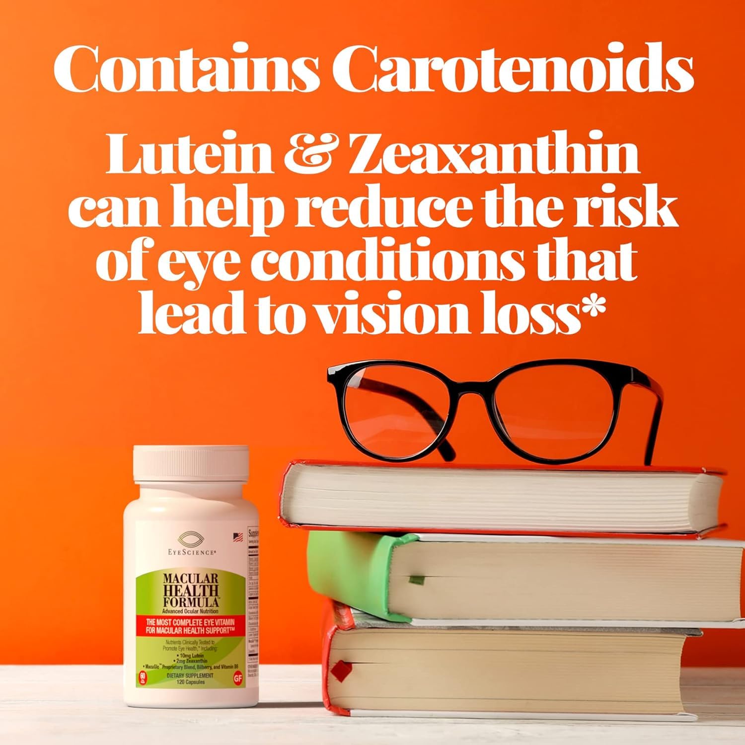 EyeScience Macular Health Formula bottle on table conveys ready-to-use daily supplement.