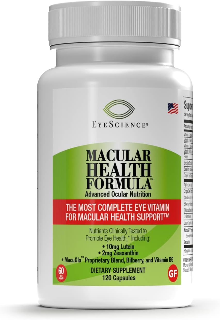 EyeScience Macular Health Formula capsules closeup shows easy-to-swallow design for daily use.