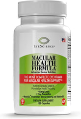EyeScience Macular Health Formula capsules closeup shows easy-to-swallow design for daily use.