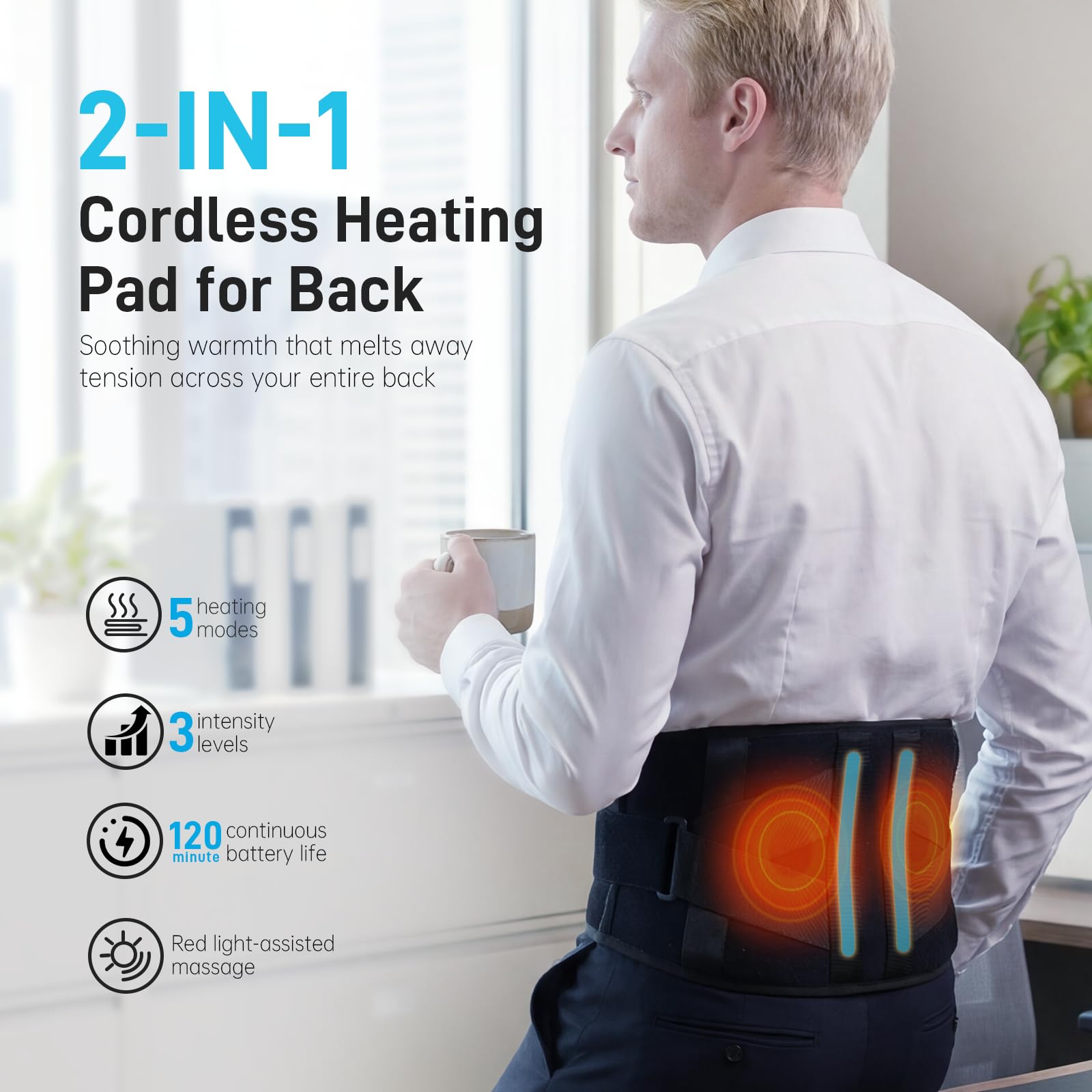 Eyomo cordless heating pad with extendable strap for adjustable, secure fit.
