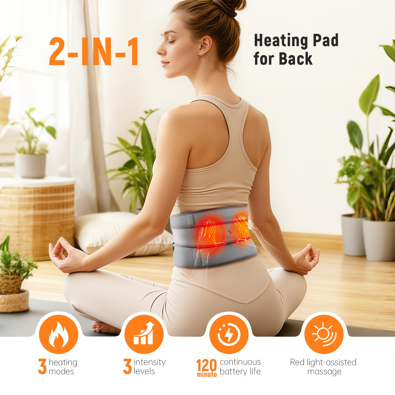 Eyomo back heating pad worn on back shows wireless freedom during chores