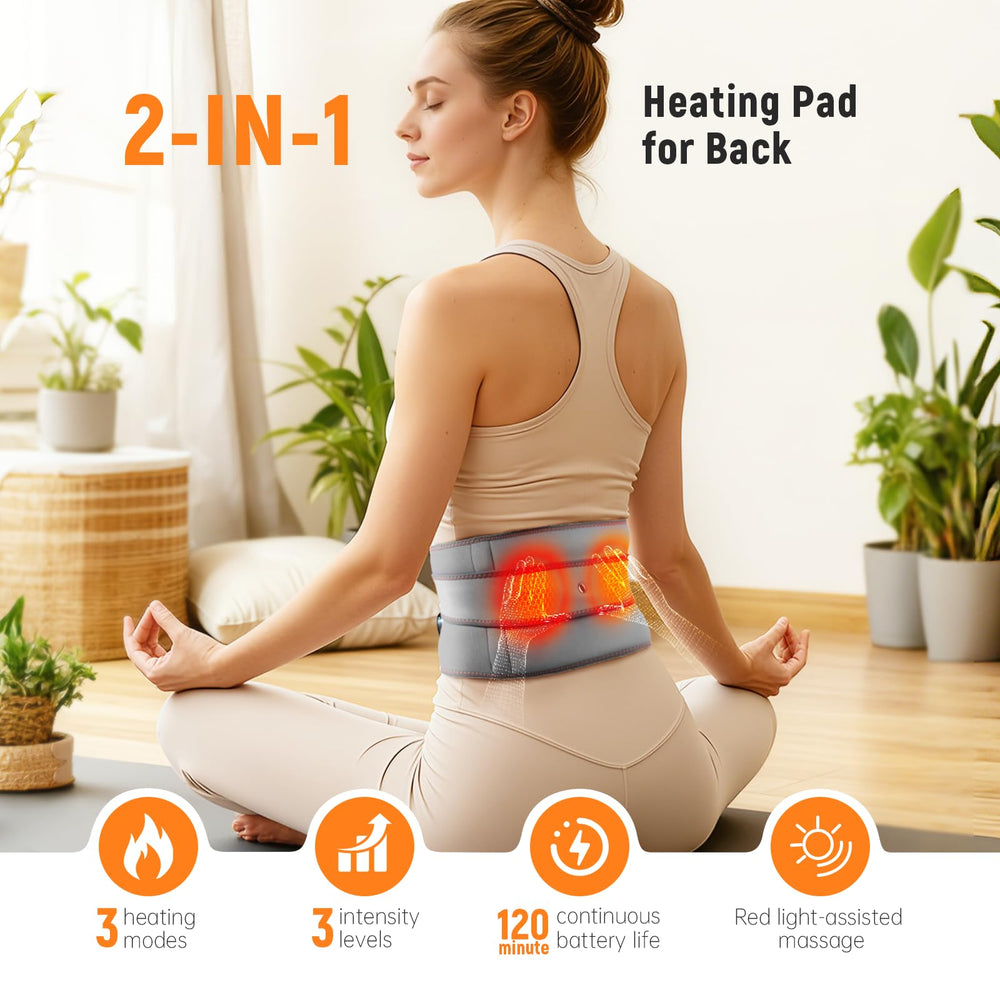 Eyomo back heating pad worn on back shows wireless freedom during chores