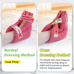 EZ Assistive heel protector includes an elastic strap to prevent slipping on smaller feet.