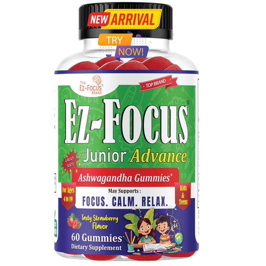 Ez-Focus Kids focus bottle with strawberry gummies promoting daily calm
