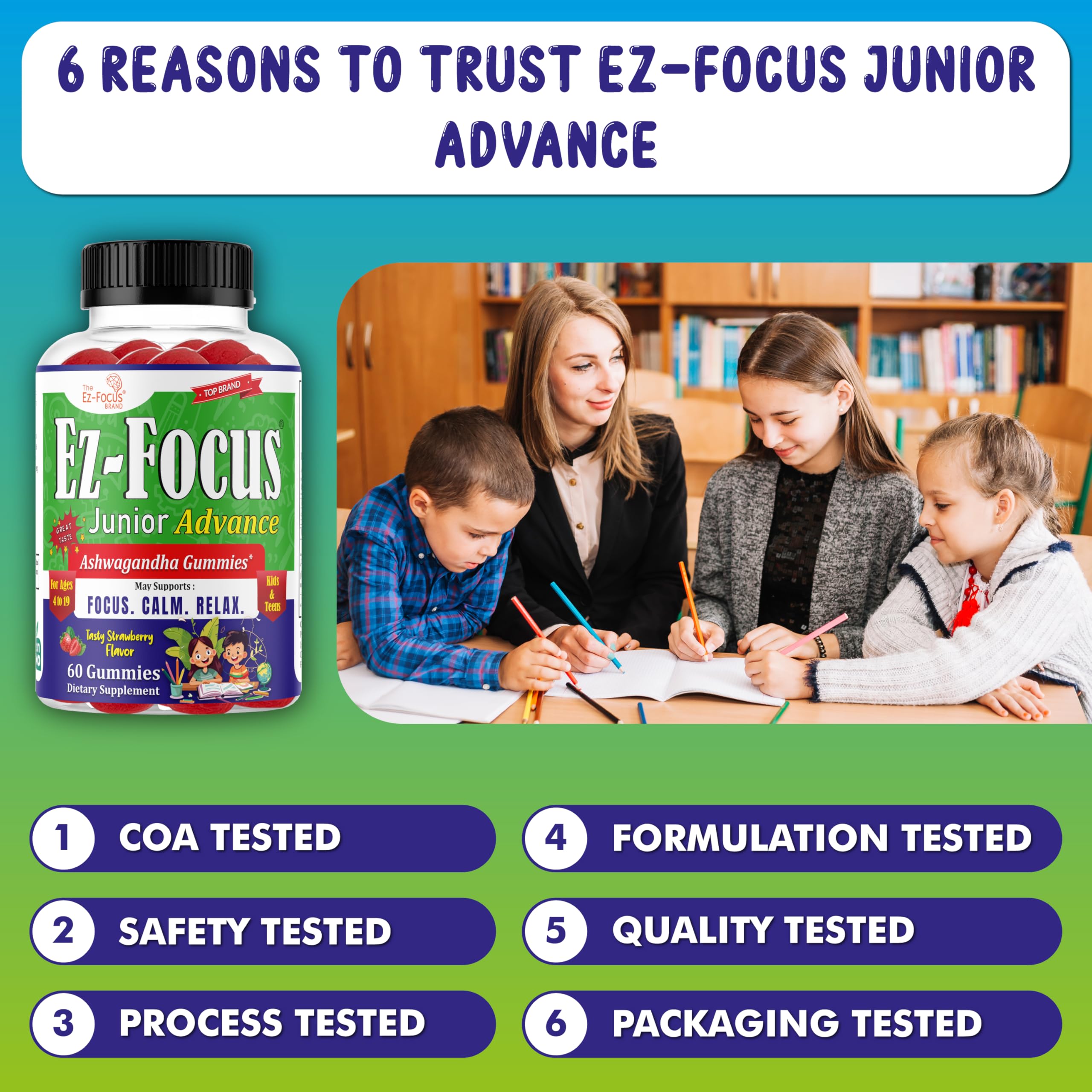 Ez-Focus gummies shown with third-party lab testing certification