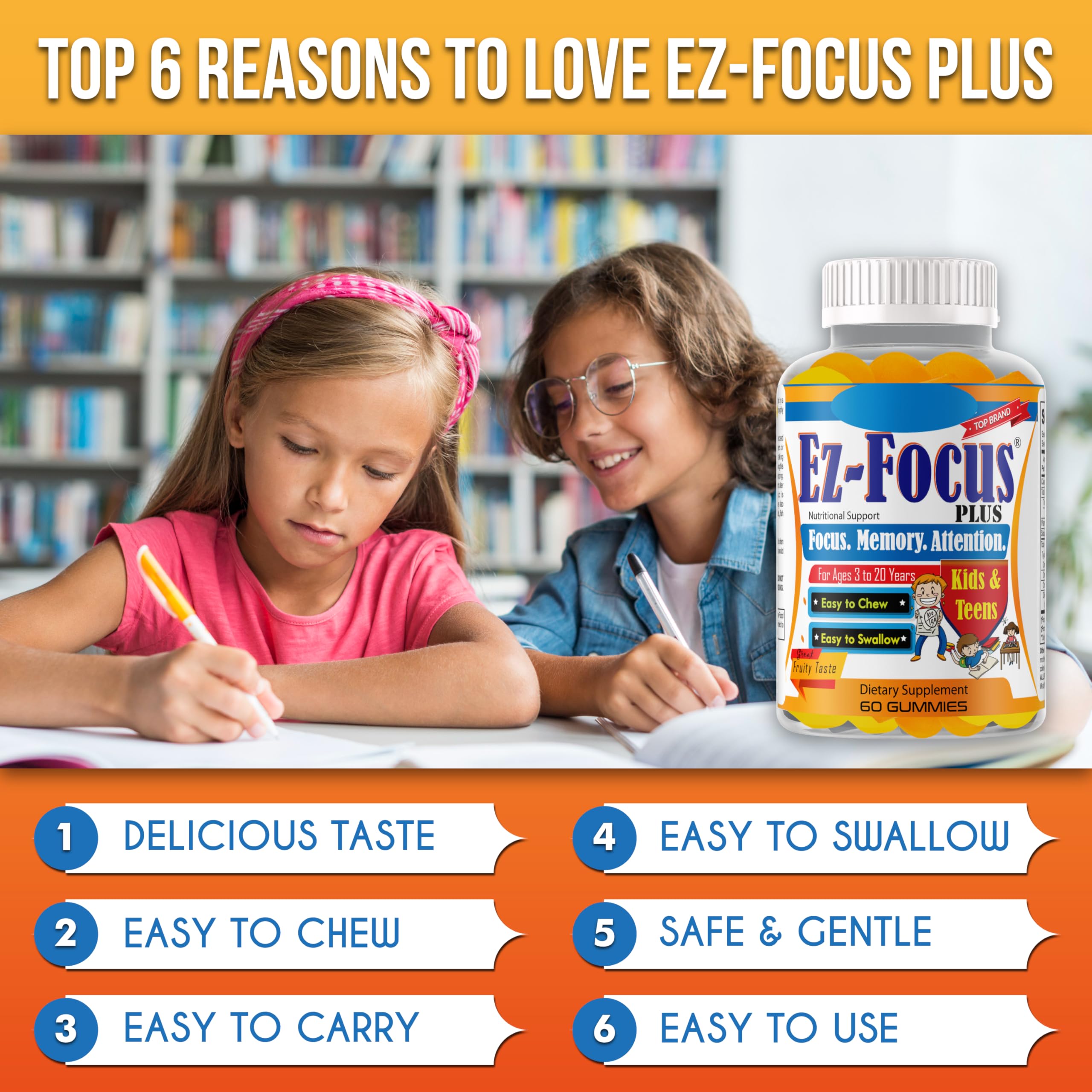 Ez-Focus Plus easy-to-chew gummies for kids’ daily supplement.