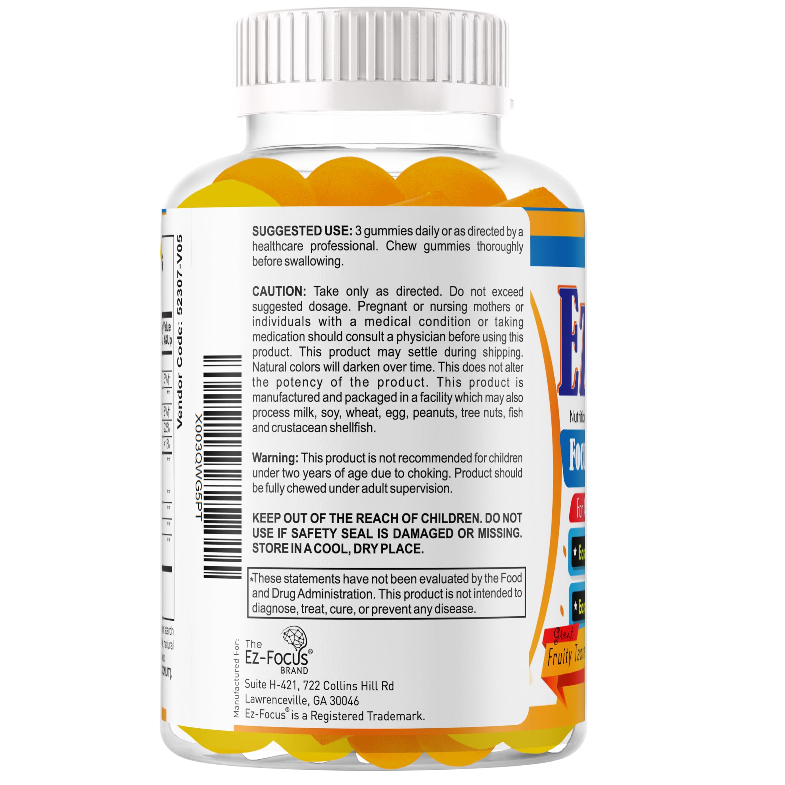 Ez-Focus Plus kid-friendly fruit-flavored supplement visuals.