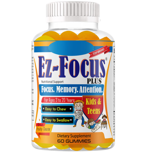 Ez-Focus Plus bottle with omega-3 gummies for kid cognitive support.