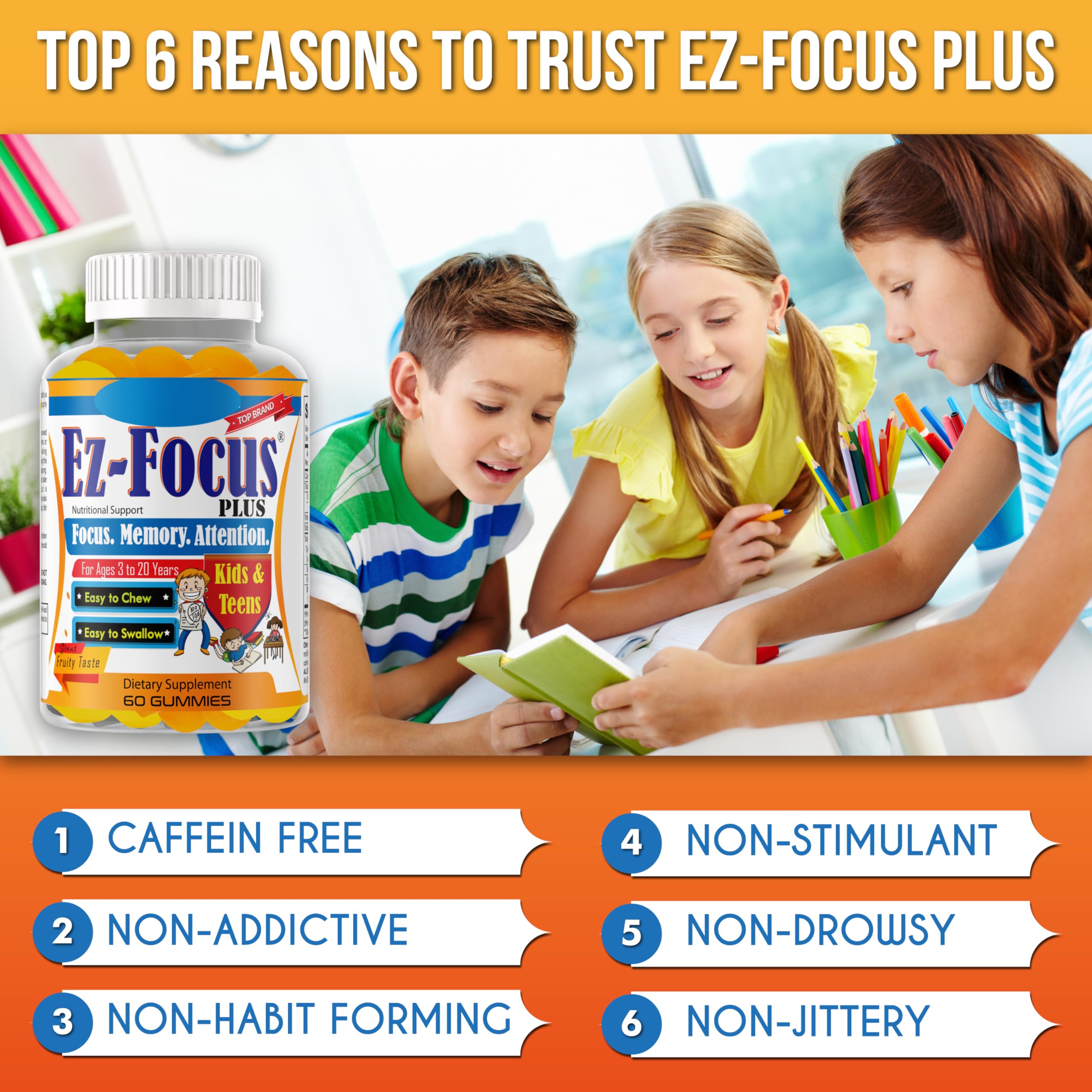 Ez-Focus Plus vegan-friendly kid gummies for ethical nutrition.