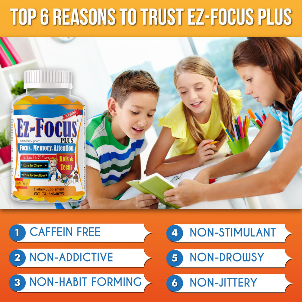 Ez-Focus Plus vegan-friendly kid gummies for ethical nutrition.
