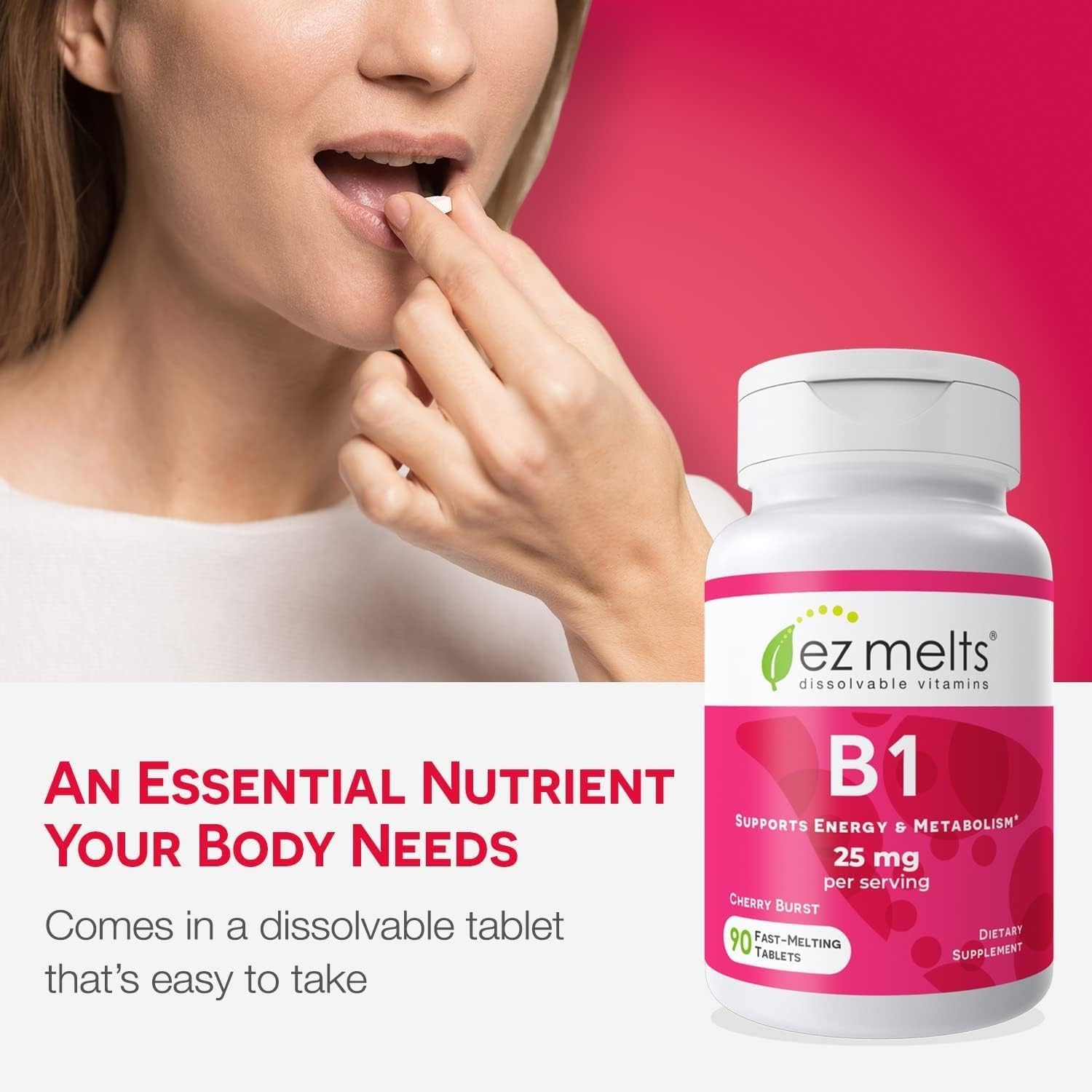 EZ Melts B1 vegan non-GMO badge on bottle for clean formula