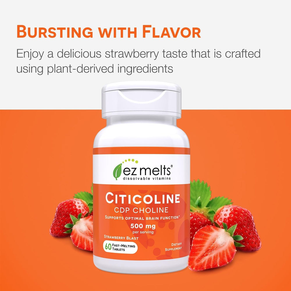 EZ Melts Citicoline open blister pack shows strawberry flavor cue.