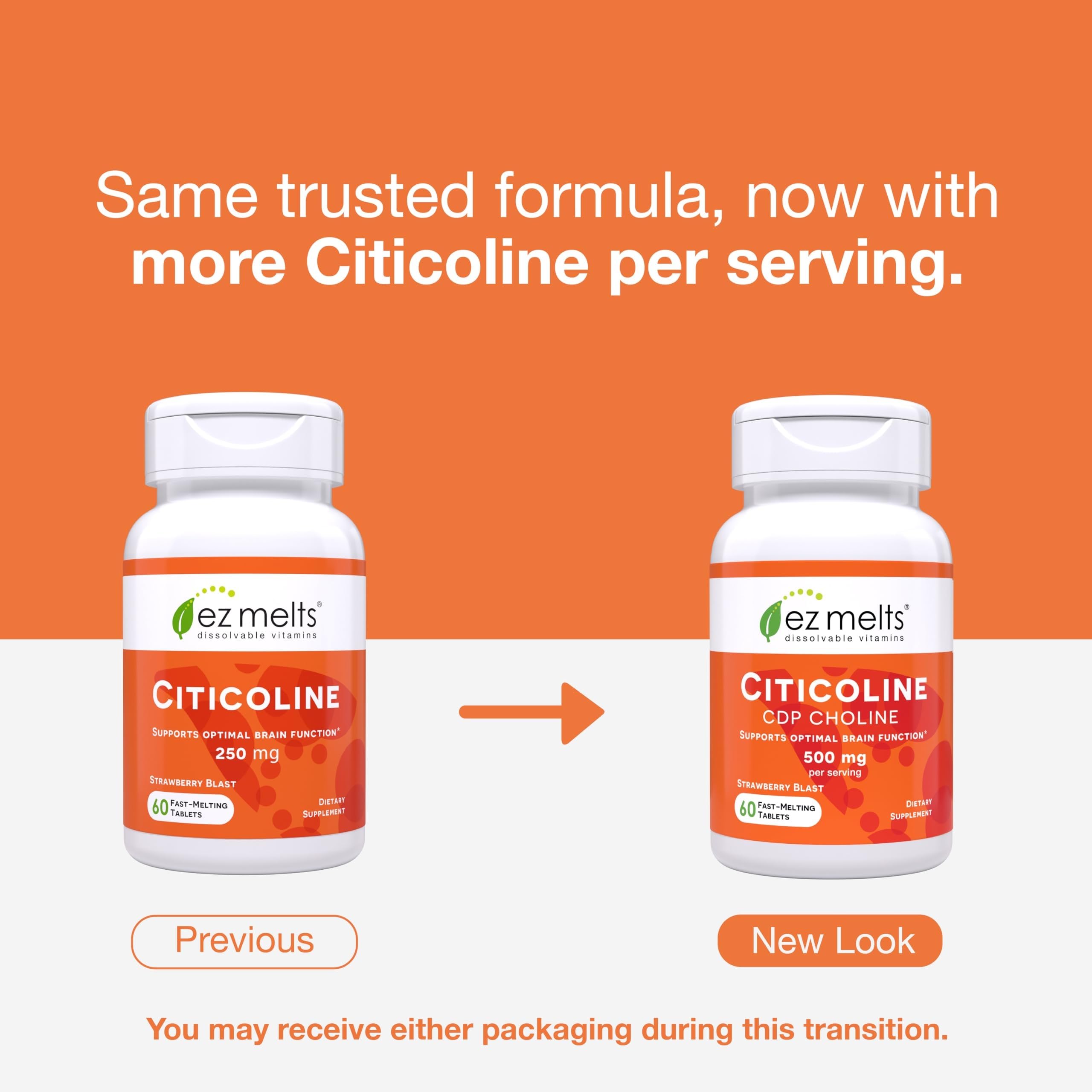 EZ Melts Citicoline quick-melt dosage illustrates easy, on-the-go use.