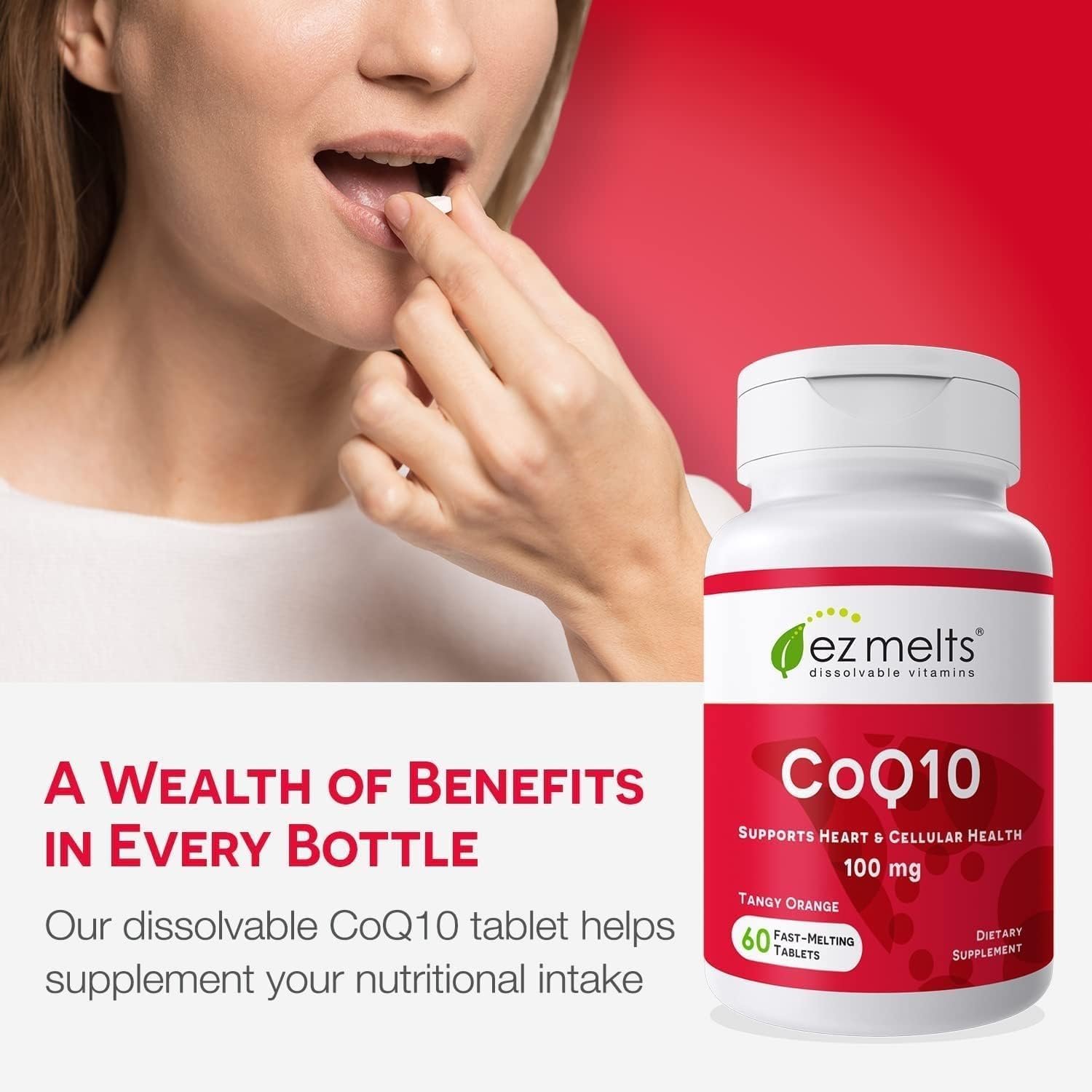 EZ Melts CoQ10 on-the-go packaging demonstrates quick-dissolve convenience.