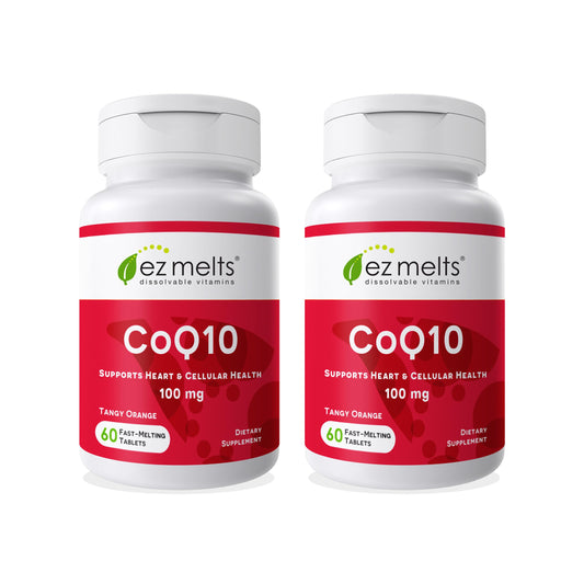 EZ Melts CoQ10 dissolving tablet on tongue for easy on-the-go intake.
