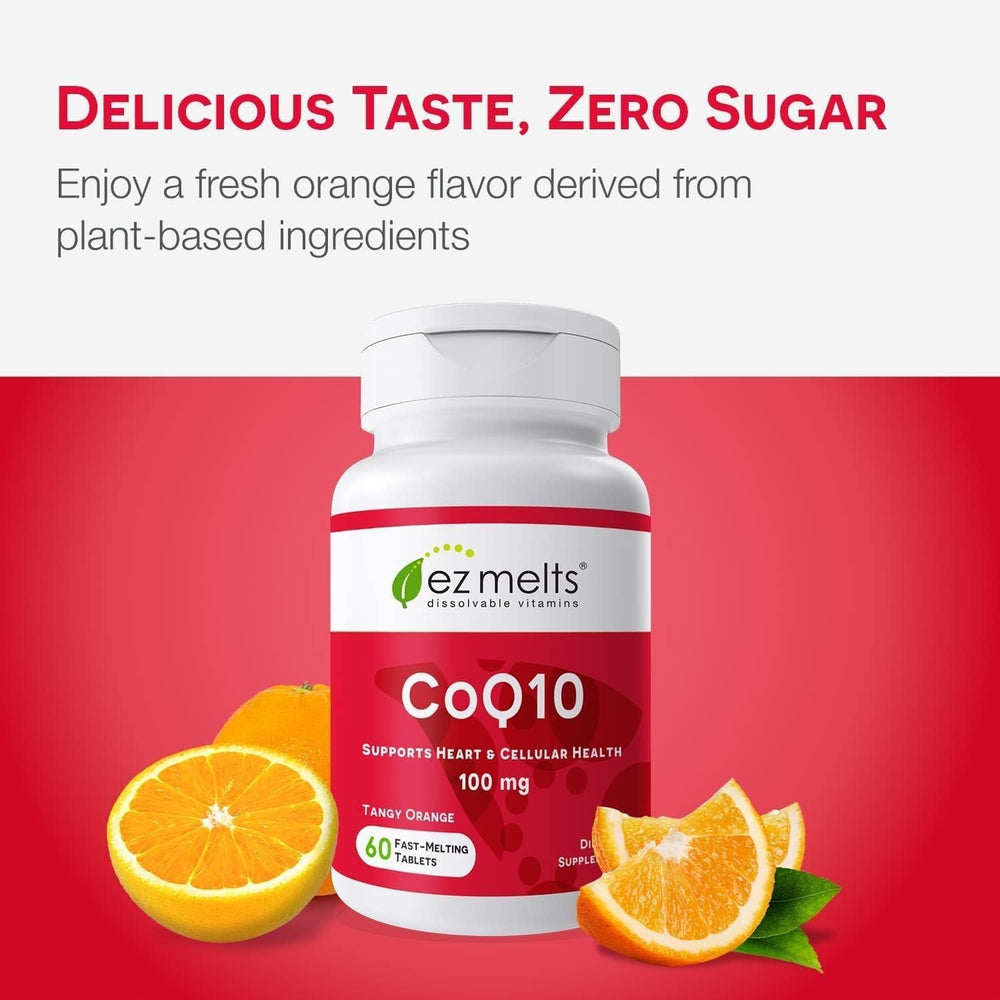 EZ Melts CoQ10 vegan non-GMO tablet shown as gluten-free option.