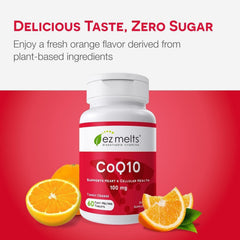 EZ Melts CoQ10 vegan non-GMO tablet shown as gluten-free option.