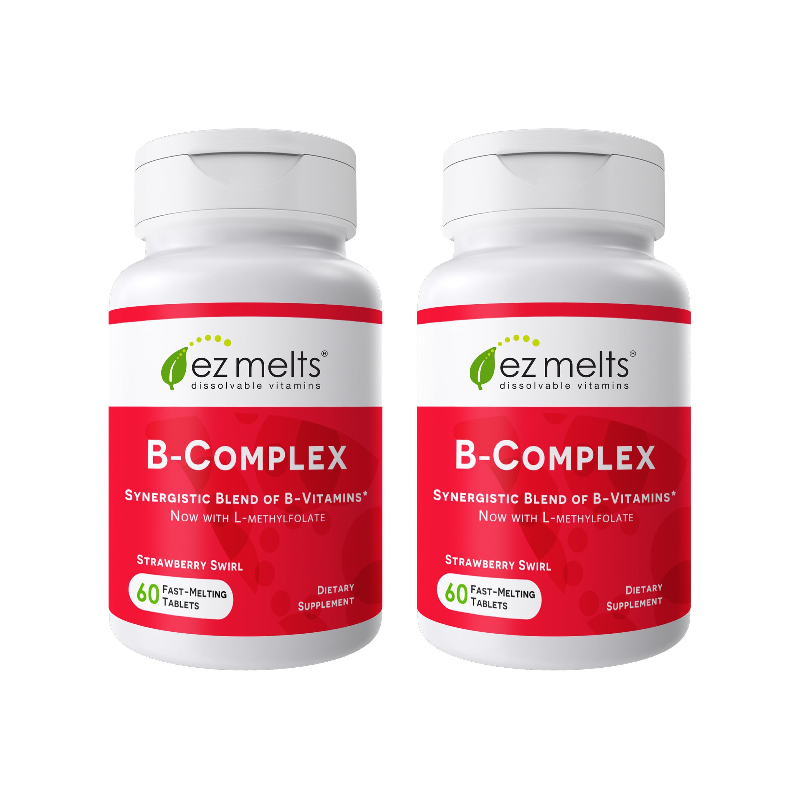EZ Melts Dissolvable B-Complex bottle front with strawberry swirl for quick daily energy