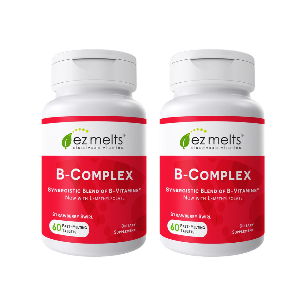 EZ Melts Dissolvable B-Complex bottle front with strawberry swirl for quick daily energy