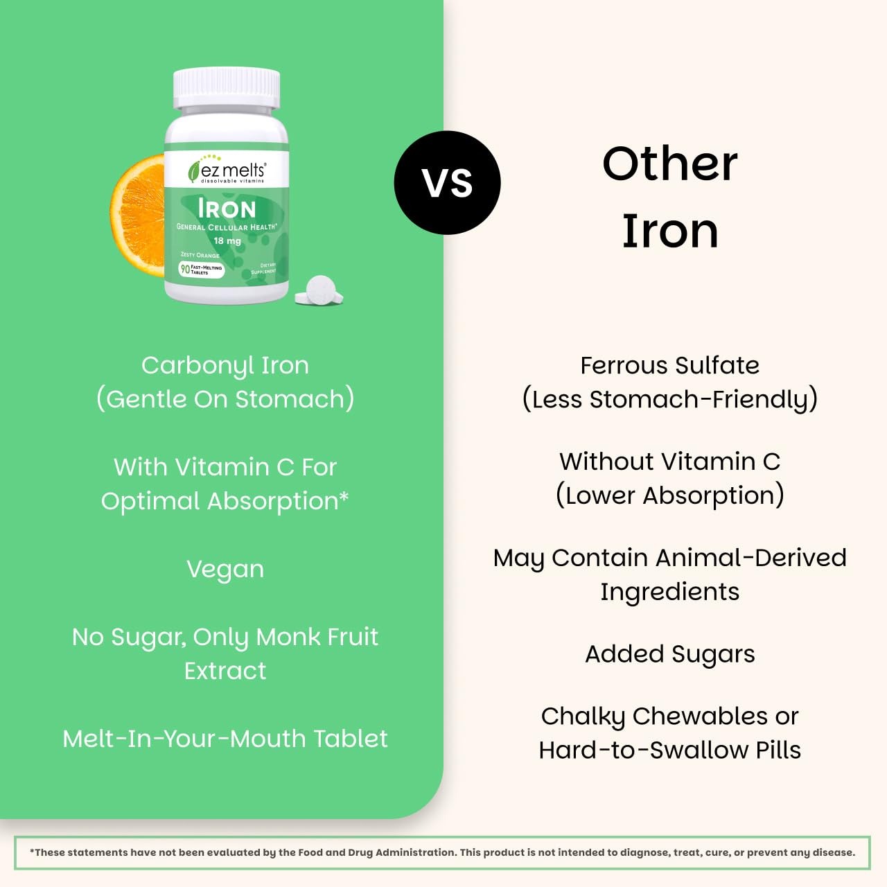 EZ Melts Iron vegan non-GMO label on packaging