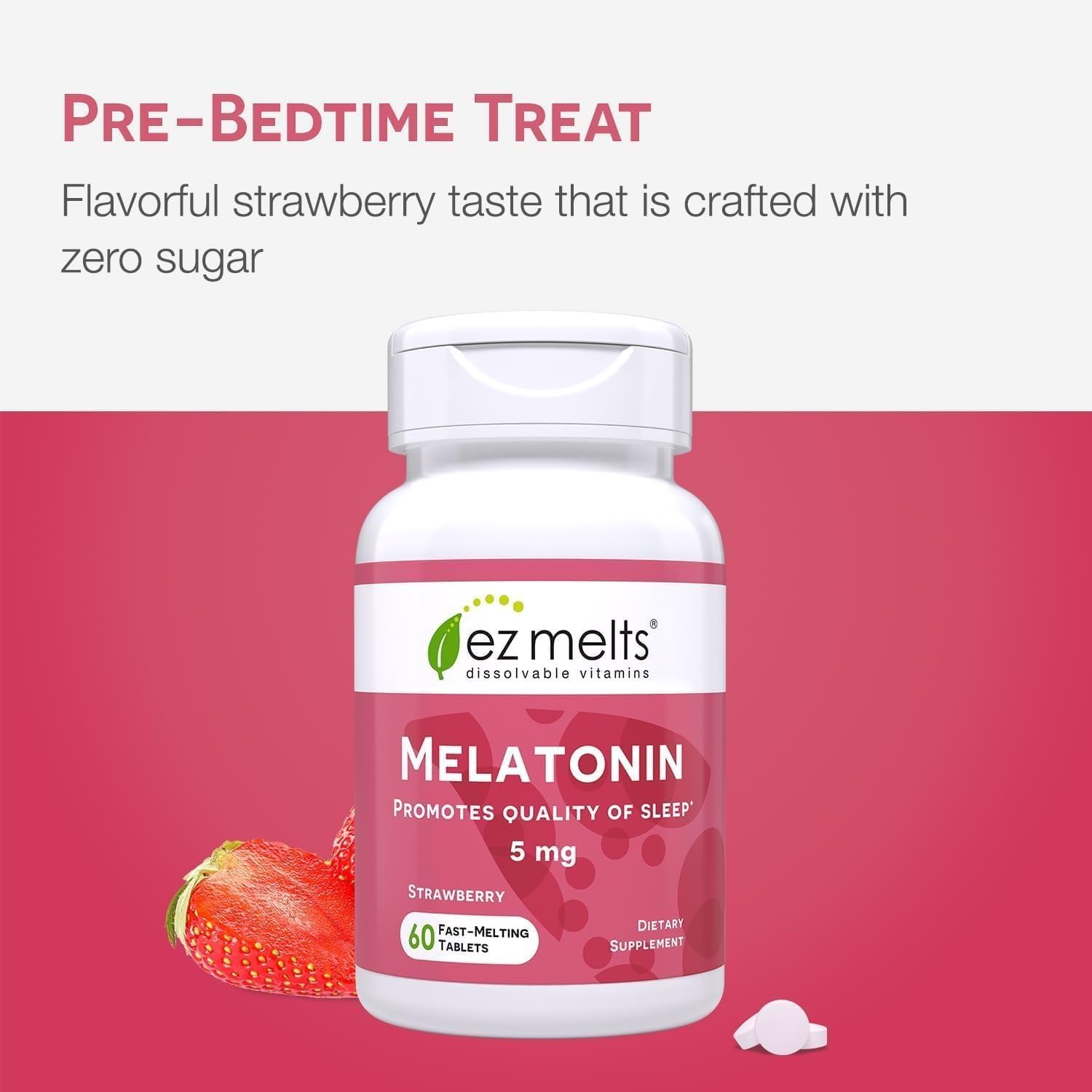 Label shows gluten-free and dairy-free icons on EZ Melts Melatonin packaging