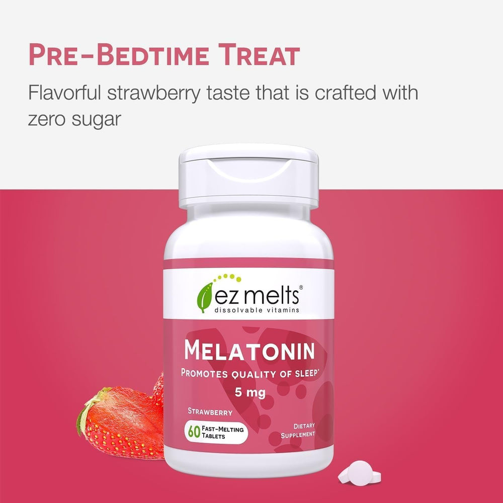 Label shows gluten-free and dairy-free icons on EZ Melts Melatonin packaging