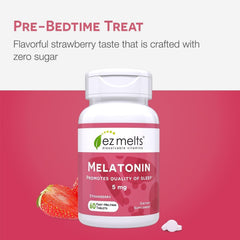 Label shows gluten-free and dairy-free icons on EZ Melts Melatonin packaging