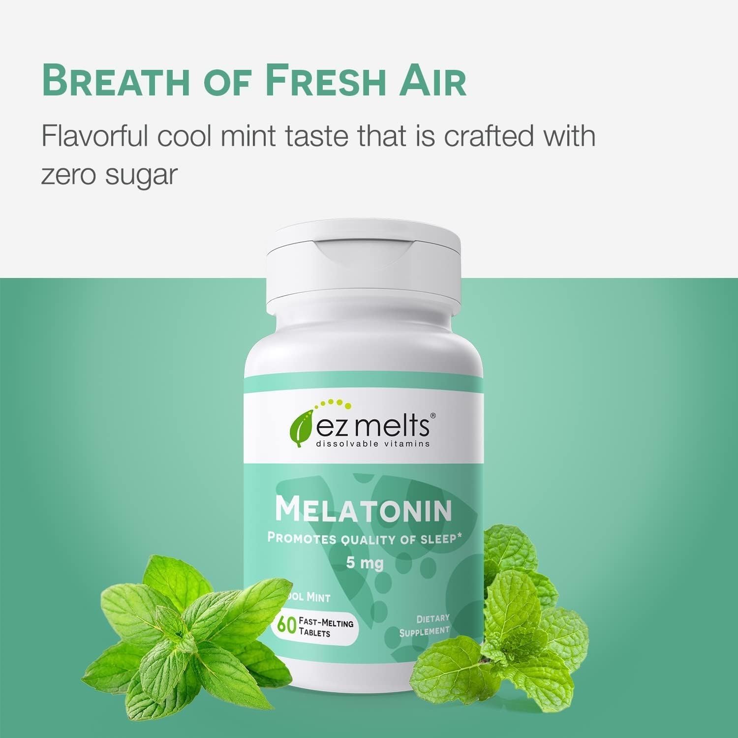 EZ Melts Melatonin packaging shows gluten-free and dairy-free formulation.
