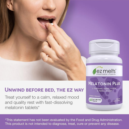 EZ Melts Melatonin Plus cherry dream flavor shown for a pleasant bedtime moment