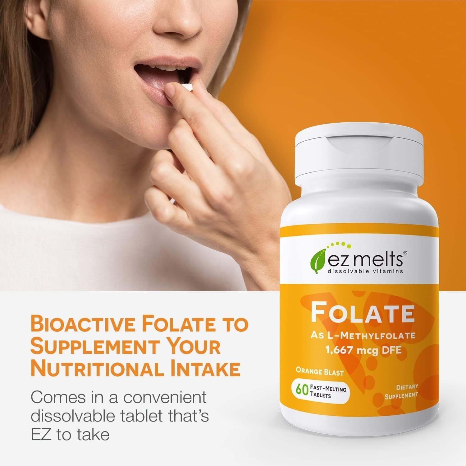 EZ Melts methylated folate (L-5-MTHF) bottle label emphasizing bioavailability