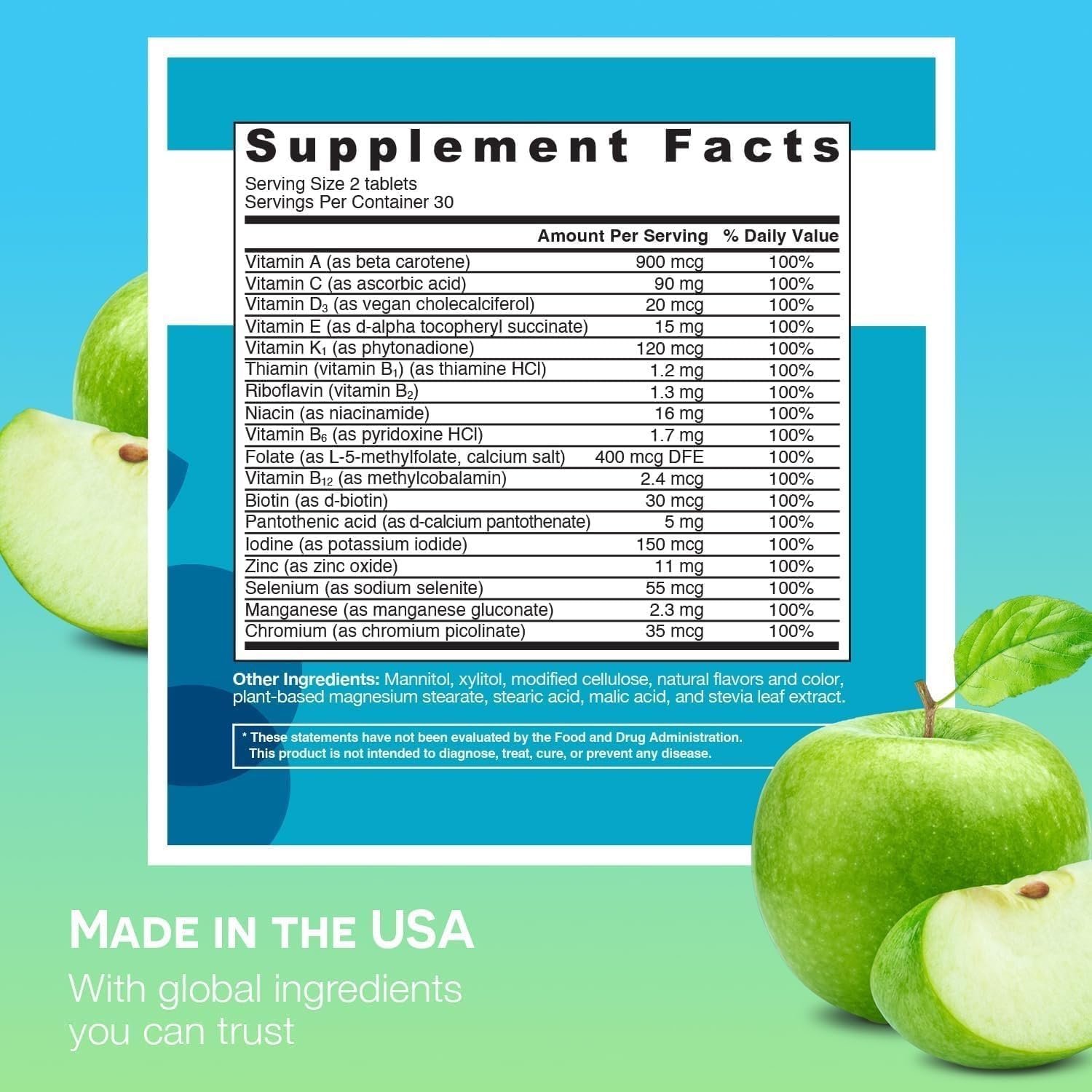 EZ Melts ingredients panel with 18 vitamins and minerals