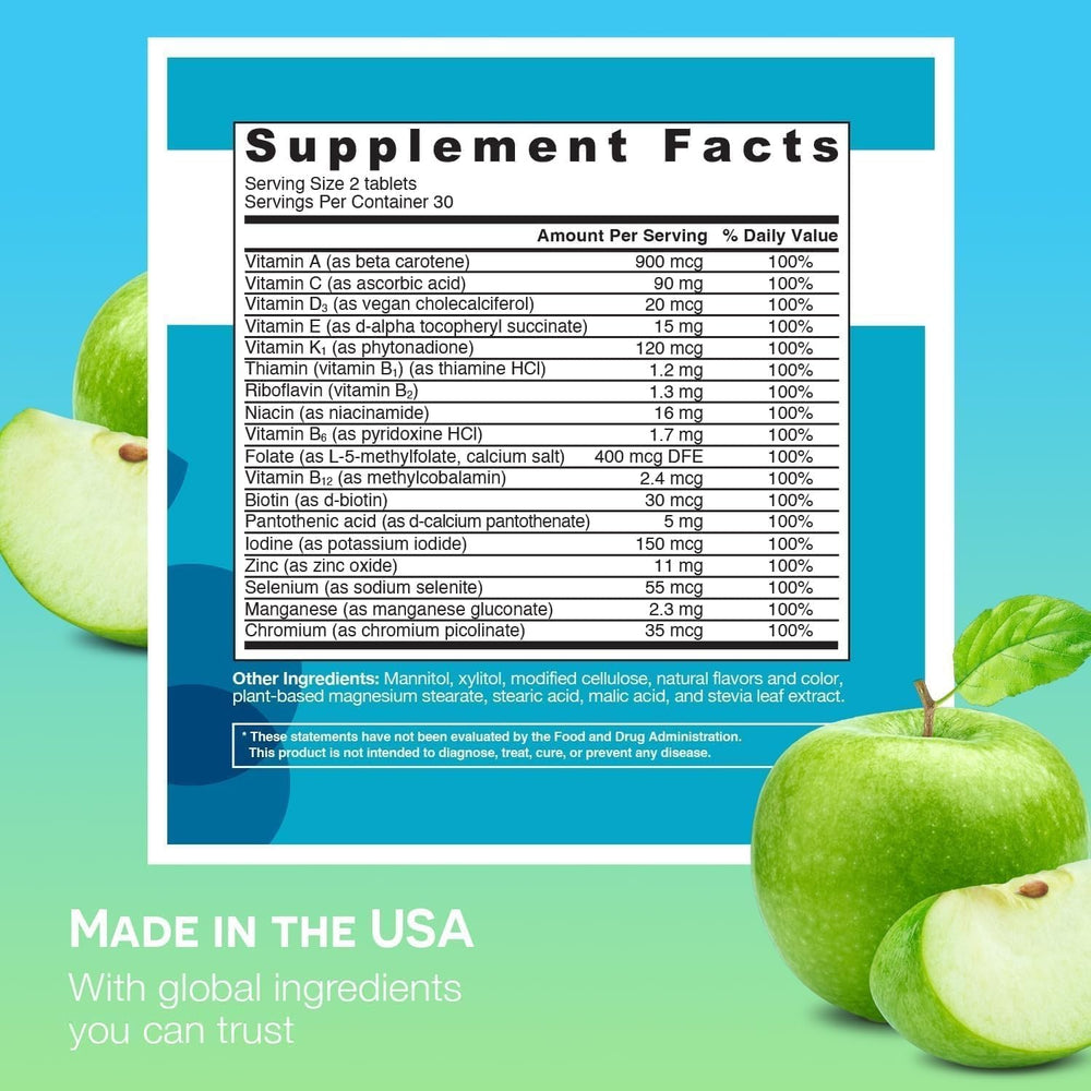 EZ Melts ingredients panel with 18 vitamins and minerals