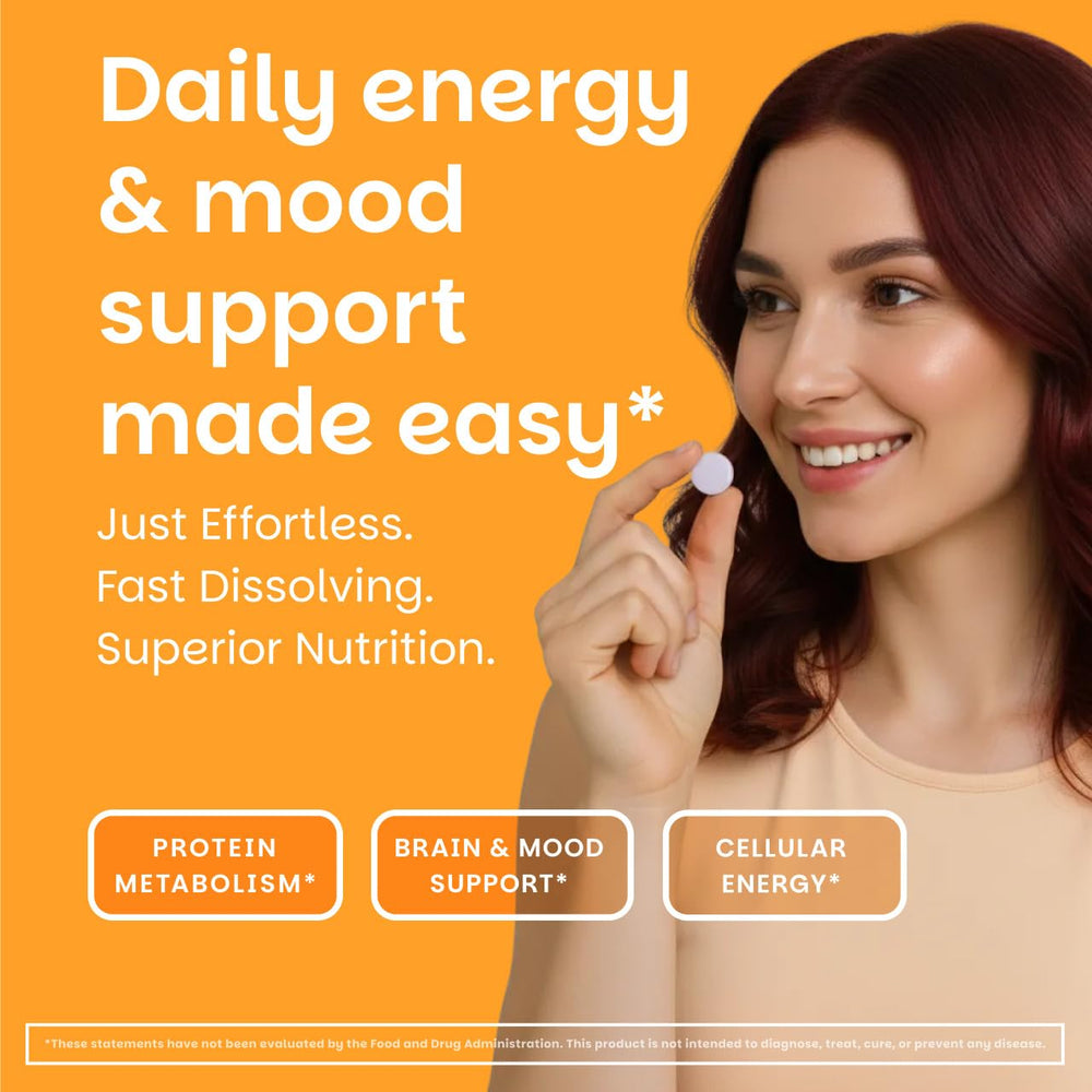 EZ Melts Vitamin B6 orange blast tablets closeup highlighting easy-to-take format