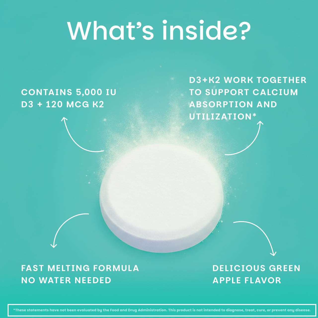 Close-up of EZ Melts vitamin D3 + K2 tablets for bone and heart support.